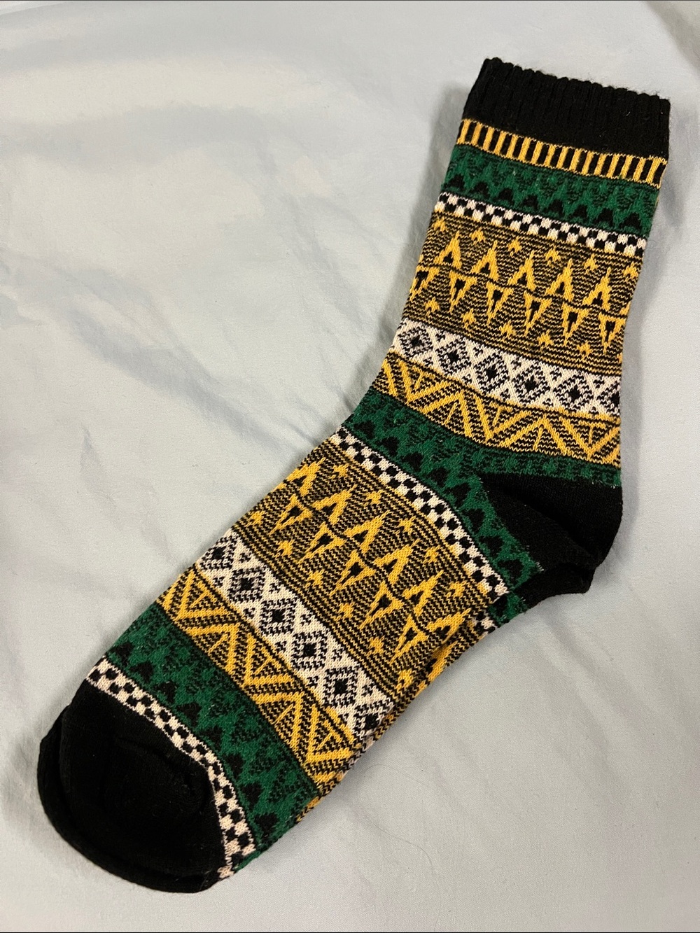 Vintage Abstract Patterned Wool Tall Crew Socks in Black, Green & Yellow